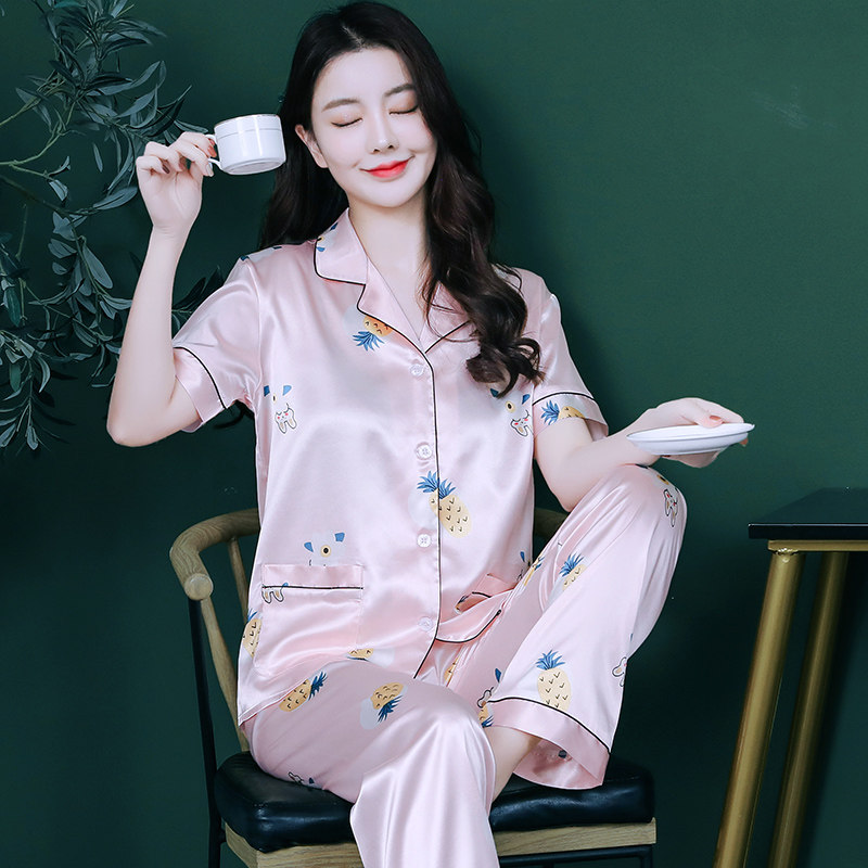 夏款睡衣女短袖薄款丝绸女款套装清新可爱春秋季冰丝凉感家居服女