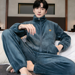 珊瑚绒高级感男士秋冬季长袖加厚加绒保暖法兰绒睡衣男家居服套装