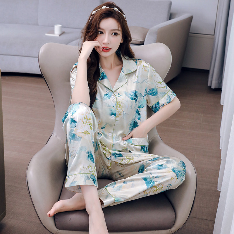冰丝女士睡衣夏季短袖长裤薄款丝绸女款套装清新2026年新款家居服