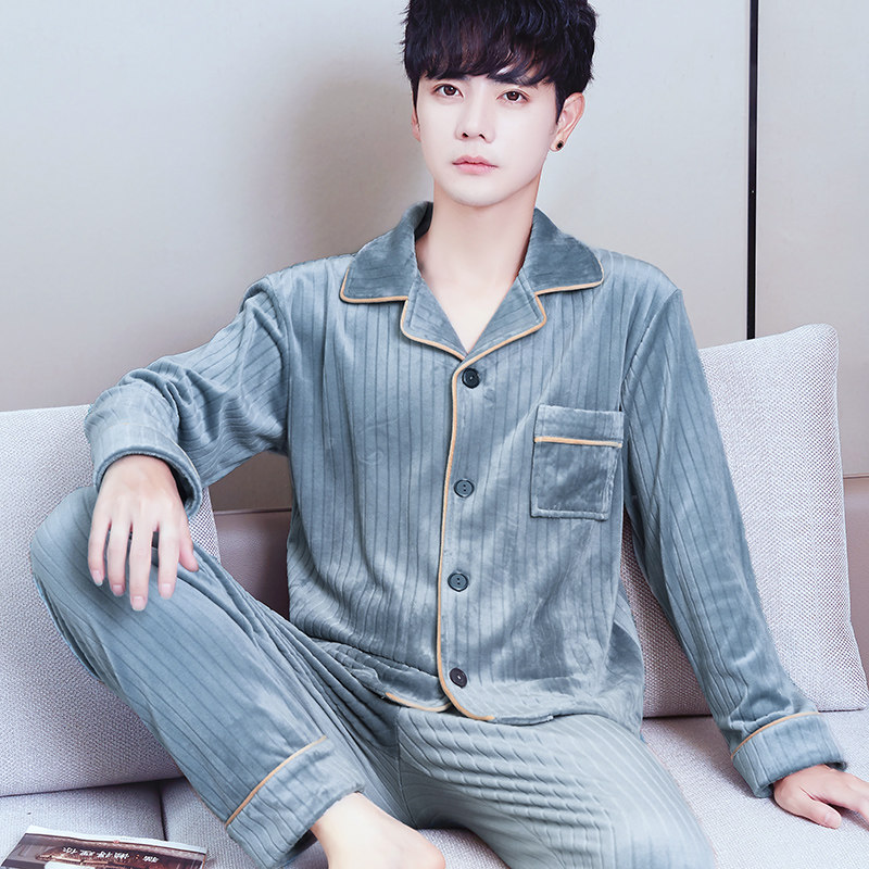 海岛绒男士睡衣秋冬长袖保暖薄款珊瑚绒男款大码宽松可外穿家居服