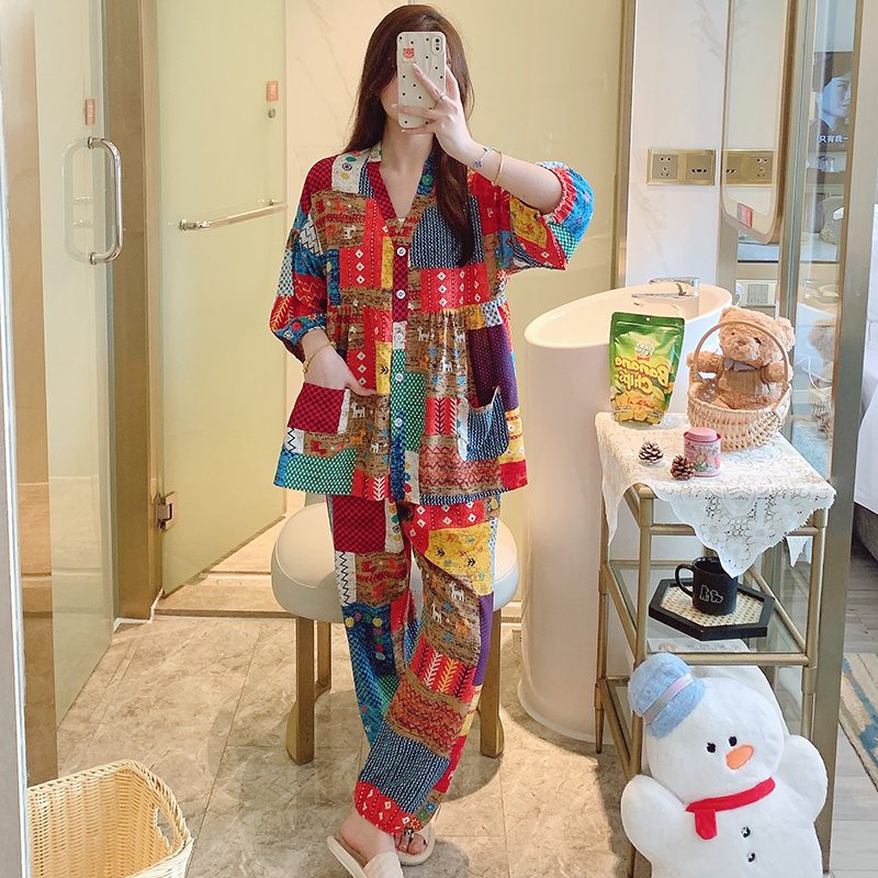 大码棉绸女士睡衣夏季薄款套装