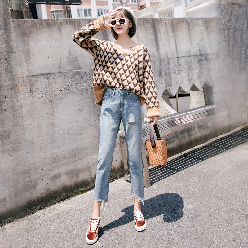 破洞牛仔裤女直筒宽松九分2020春夏新款高腰百搭显瘦八分阔腿裤子