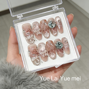 【洛拉可可】纯手工穿戴甲纯欲爆闪水光蜜桃粉格纹猫眼蝴蝶结美甲