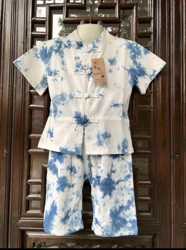 民族风手工植物扎染亚麻棉儿童短家居服套装