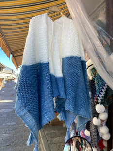 云南民族风纯手工扎染披肩蓝白植物染围巾防晒保暖外搭流苏披巾潮