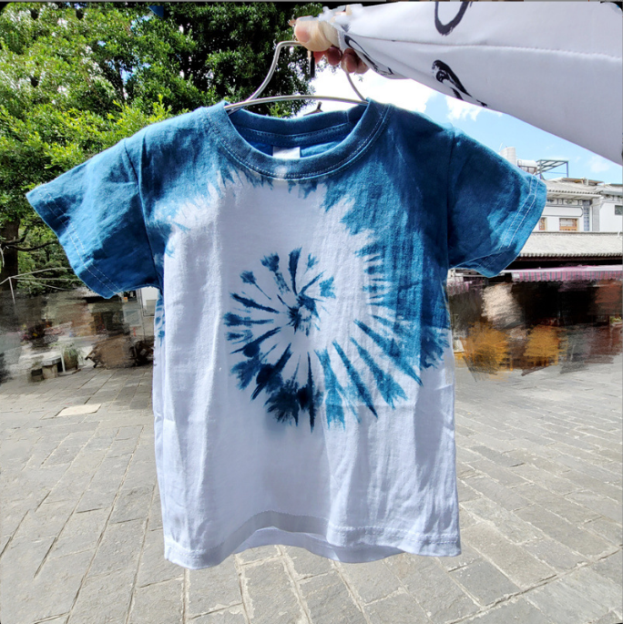 云南手工扎染t恤儿童纯棉上衣短袖兄妹装蓝白透气舒适打底衫小童