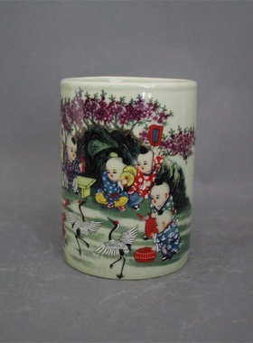 仿古风陶瓷同治粉彩童子闹春笔筒