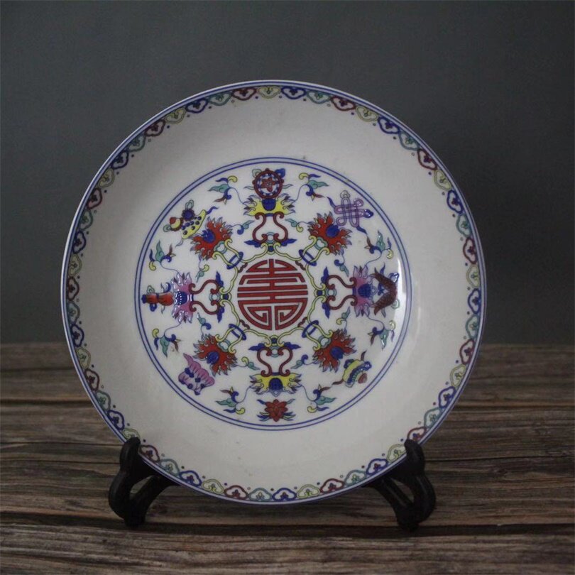 清雍正青花斗彩福寿年年有余摆件盘仿古工艺品瓷器摆件古玩收藏