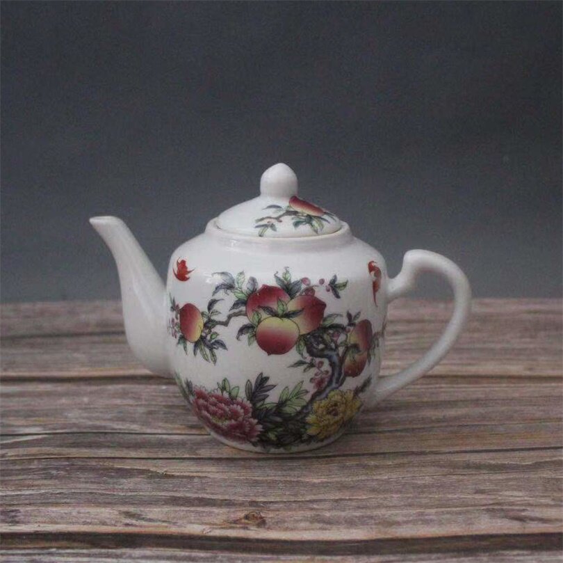 景德镇仿古陶瓷清光绪粉彩富贵寿桃小茶壶家居装饰收藏摆件茶具