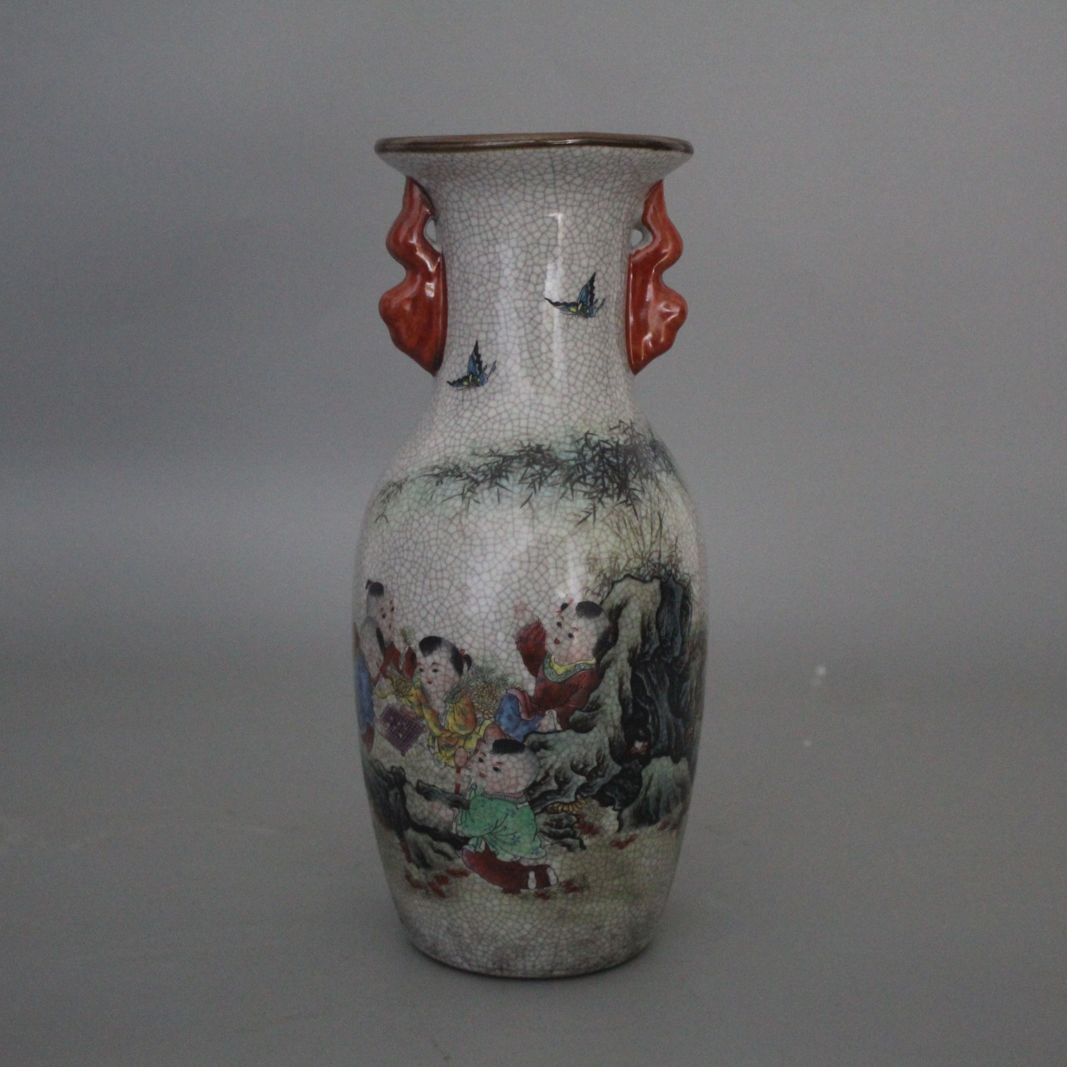 清乾隆粉彩人物喜气临门狮耳花瓶老货景德镇瓷器古董古玩家居摆件