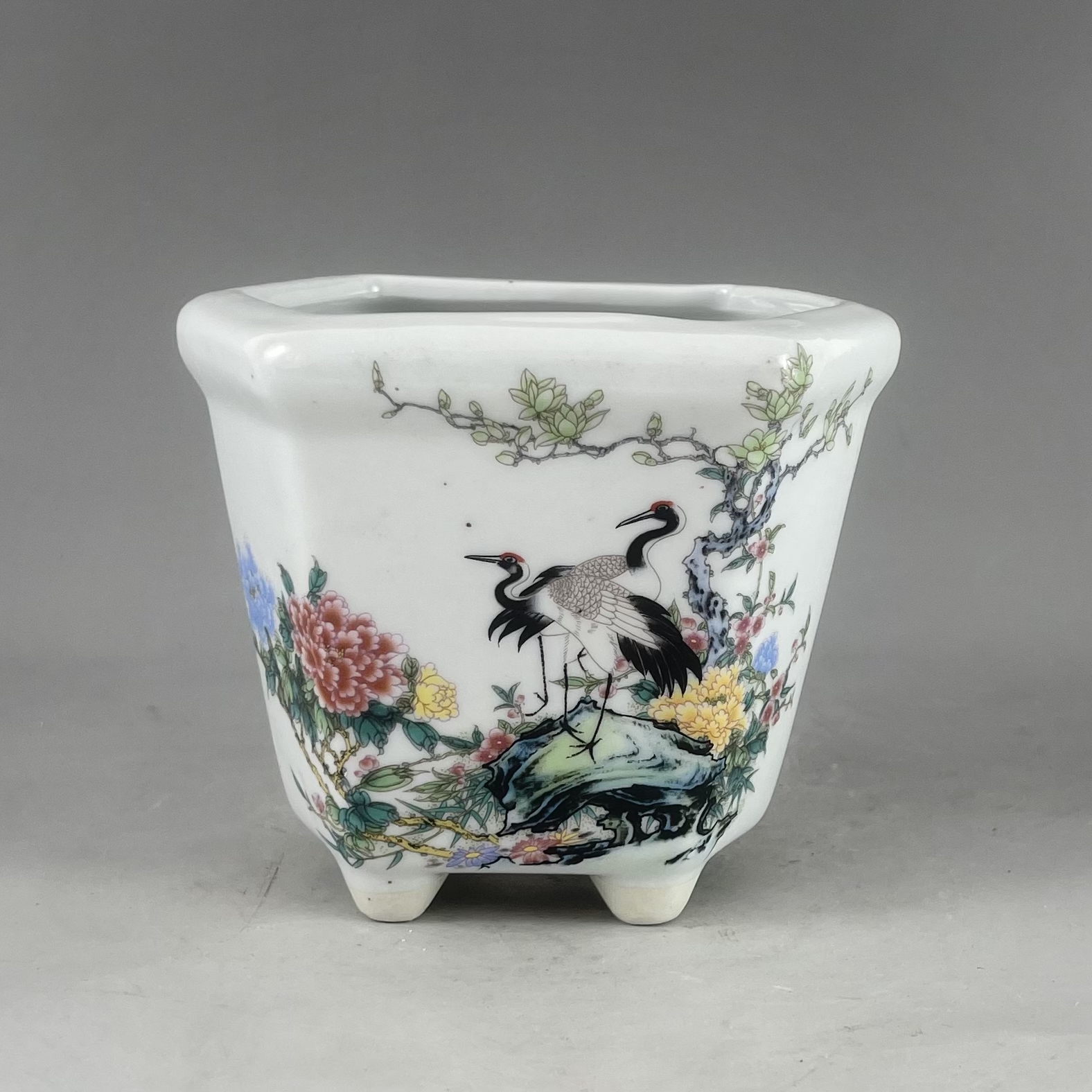 景德镇陶瓷器粉彩花盆松鹤迎春六方花盆花鸟图盆家居装饰摆件