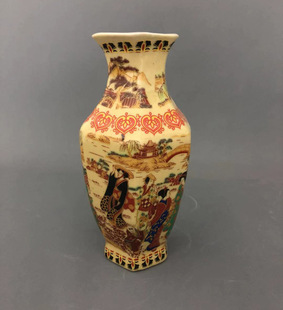 景德镇仿古陶瓷乾隆粉彩仕女图六角花瓶家居装饰展柜博古架摆件