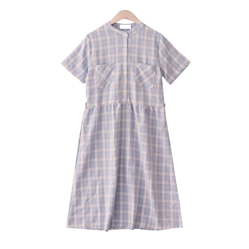 summer new pattern the republic of korea literature Retro Stand collar Double pockets design Mid length version College wind lattice Short sleeved Dressin the Women's clothing/Boutique , Dress  category - from Buy2taobao.com to provide professional Taobao agent buy service