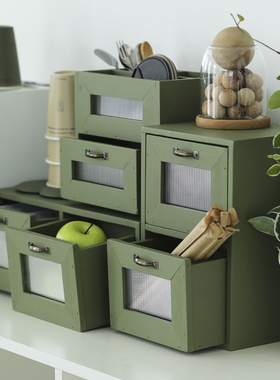 墨绿色桌面收纳盒抽屉式 高级感木质小抽屉 咖啡角软装布置杂物盒