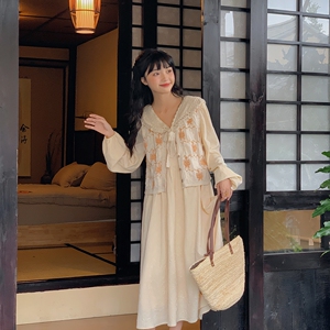 芝士日【秋日私语】日系棉麻连衣裙甜美泡泡袖针织马甲披肩三件套