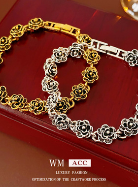 中古vintage黑色玫瑰卡扣手链复古时尚百搭手环设计感小众手饰女