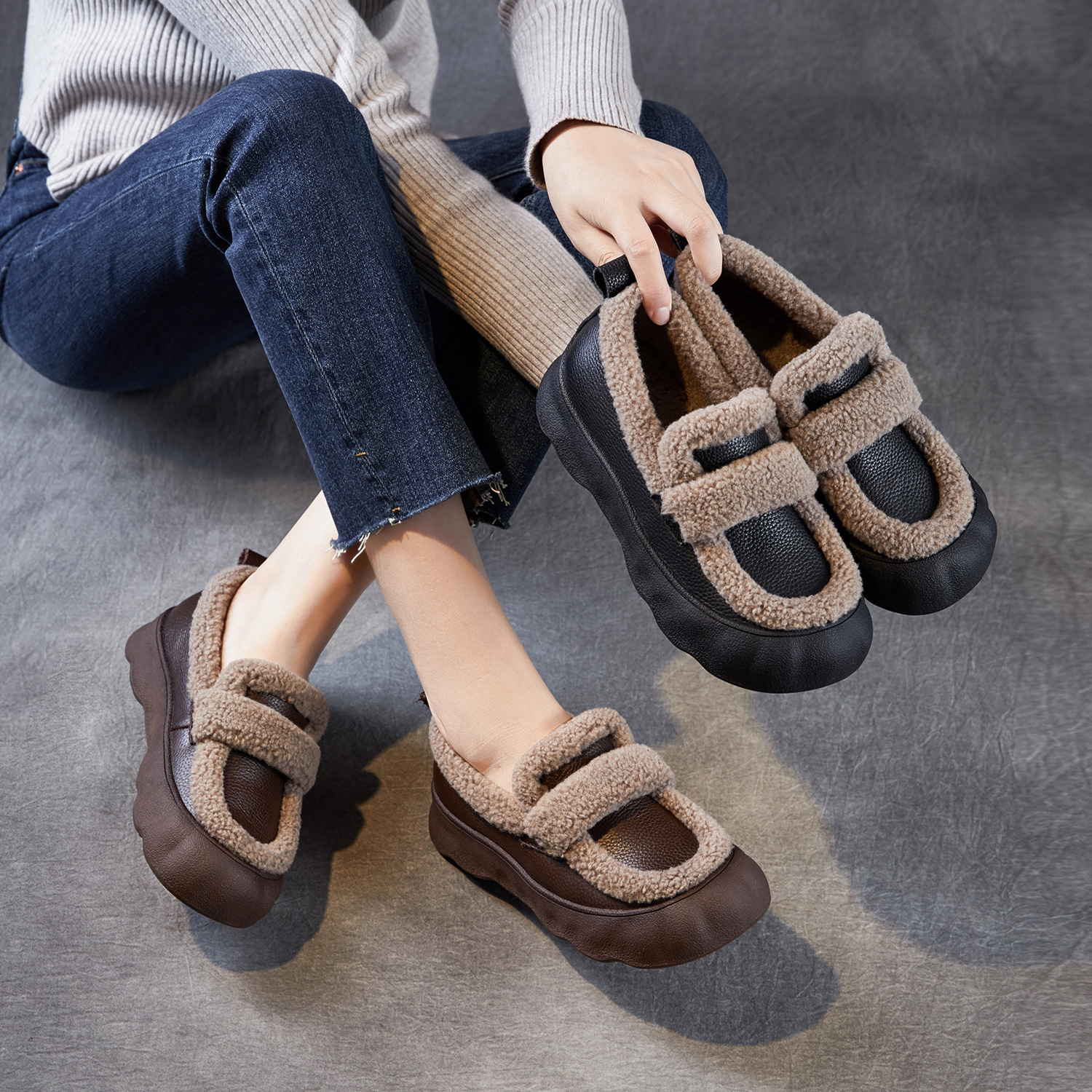 乐福鞋女一脚蹬懒人鞋秋冬真皮复古百搭舒适软底休闲加绒保暖棉鞋