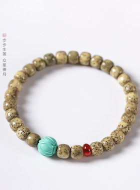 海南石玉料干磨绿皮星月菩提手链男女情侣款莲花绿松单圈中式手串