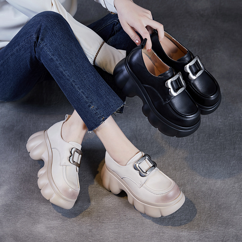 2025春季新款高跟厚底乐福鞋女真皮复古大头皮鞋英伦休闲单鞋