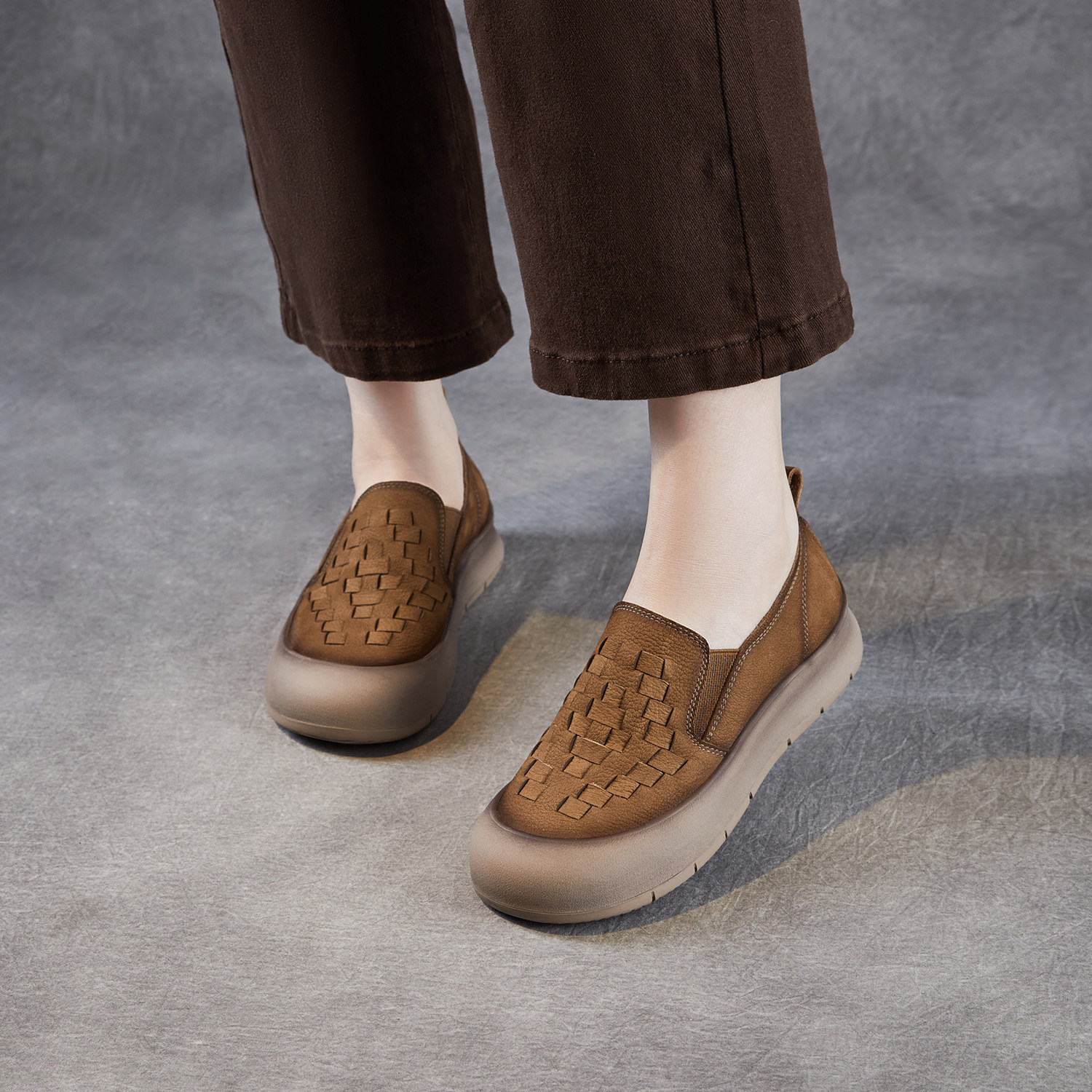 【头层牛皮】乐福鞋女复古手工编织单鞋厚底休闲鞋一脚蹬豆豆鞋潮,女鞋,乐福鞋（豆豆鞋）,淘宝优惠券,粉丝福利购,淘宝优惠卷