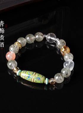 清新甜美手腕百搭小众轻奢女款非遗漆珠长筒珠绿幽灵水晶粉晶手串