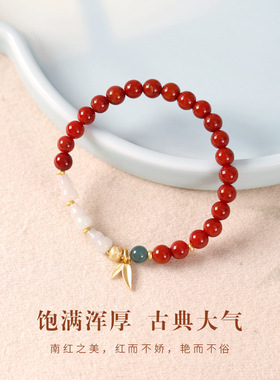 吉祥葫芦南红手链镀金保色工艺竹叶吊坠手串本命年红色玛瑙手串女