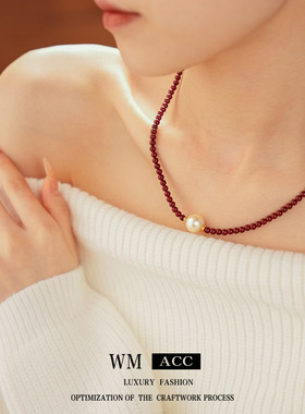 真金电镀红色串珠珍珠款项链中国风小众气质锁骨链复古感项饰