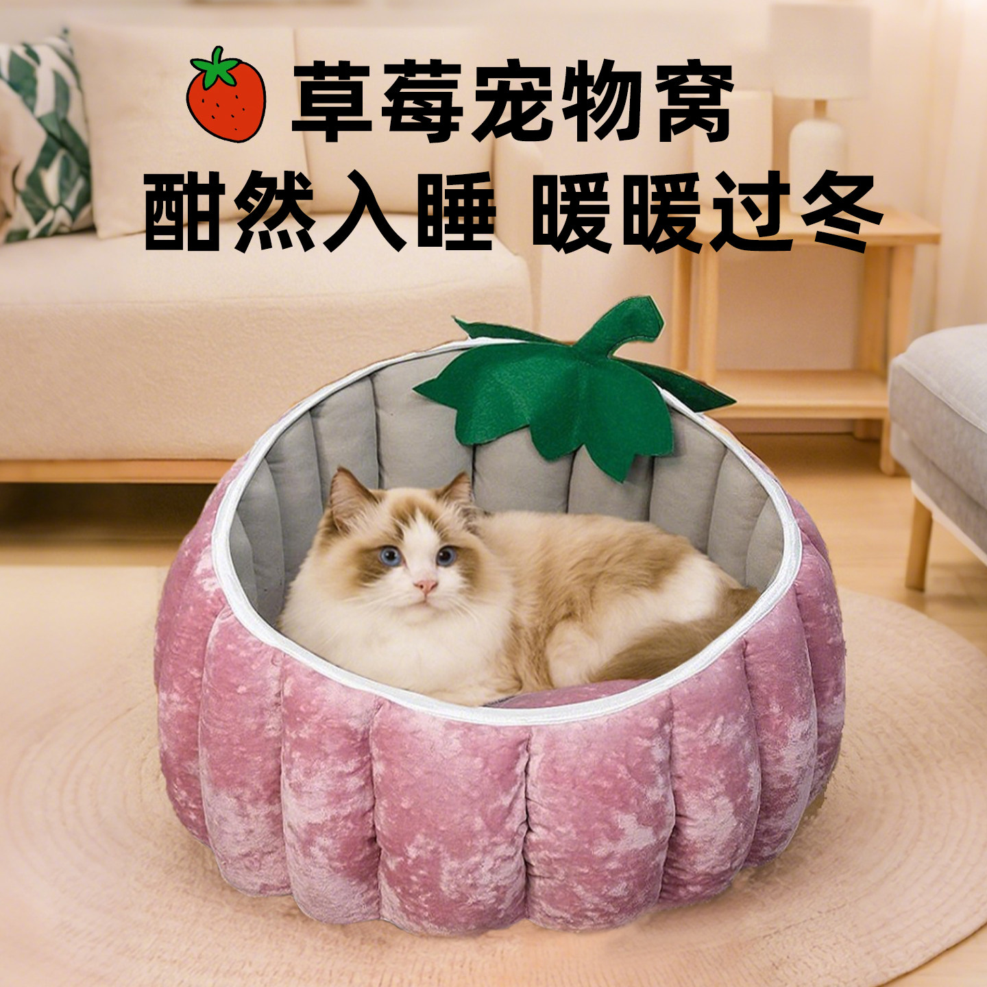 草莓猫窝秋冬保暖布偶加厚柔软