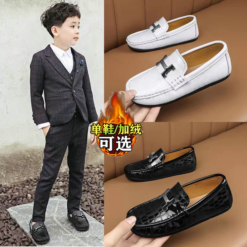 男童黑皮鞋牛皮软底配西服演出鞋