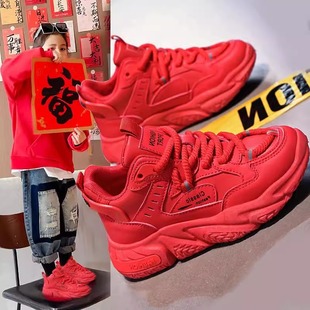 本命年女童鞋子秋冬红色运动鞋男童小红鞋中小学生大童女孩老爹鞋