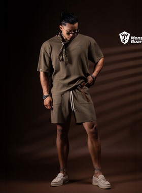 Monster Guardians N系列华夫格短宽落肩刺绣宽松休闲健身短袖男