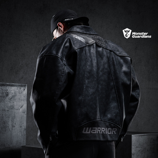 Monster Guardians勇士系列秋冬机能风酷感立体填充绣皮衣外套男
