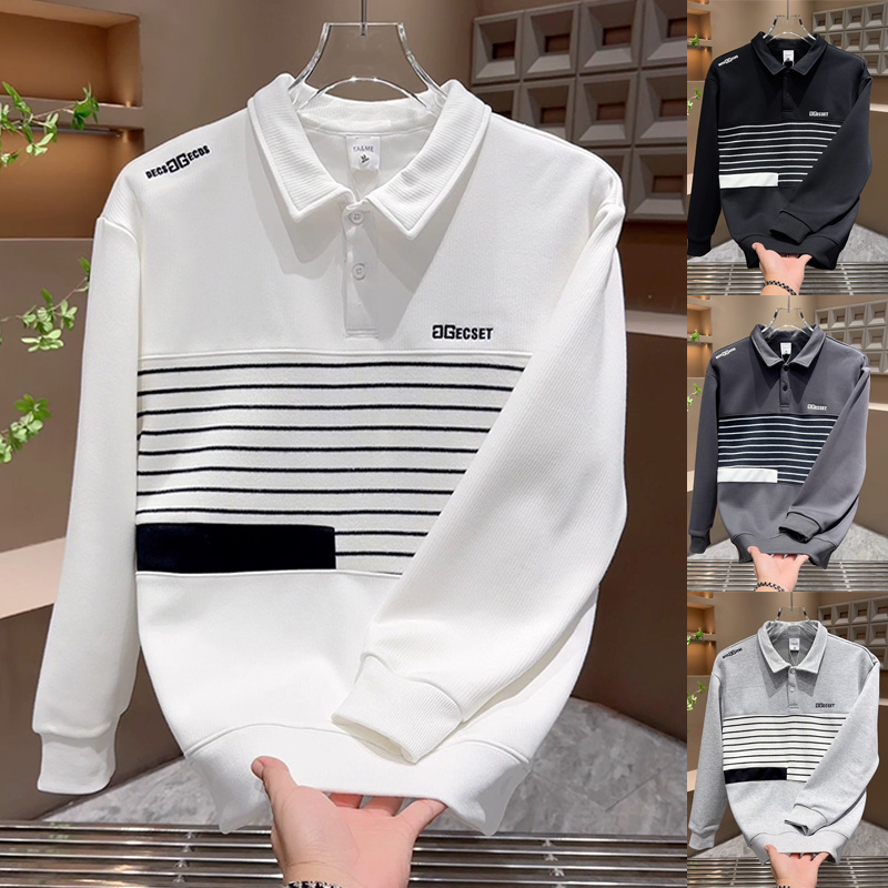 条纹字母百搭时尚长袖polo衫