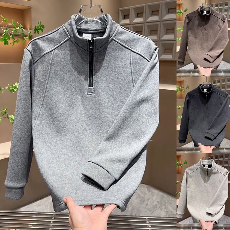 纯色拼接潮流韩版半拉链加绒卫衣2025宽松保暖男士立领帅气T恤衫