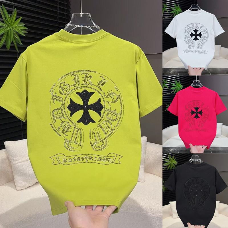 2026夏季美式男士烫钻刺绣T恤男女同款宽松潮牌时尚半袖情侣上衣