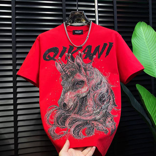 ins个性潮流男装宽松时尚烫钻短袖美式休闲潮牌高级感半袖气质T恤