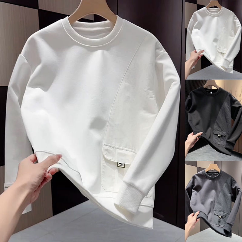 拼接口袋设计感男士卫衣时尚百搭加绒加厚秋冬潮流T恤衫韩版打底