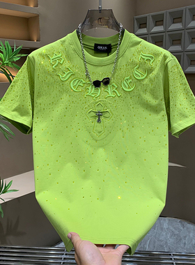 2025夏季短袖t恤男士满天星烫钻T恤圆领宽松半袖轻奢潮流休闲上衣