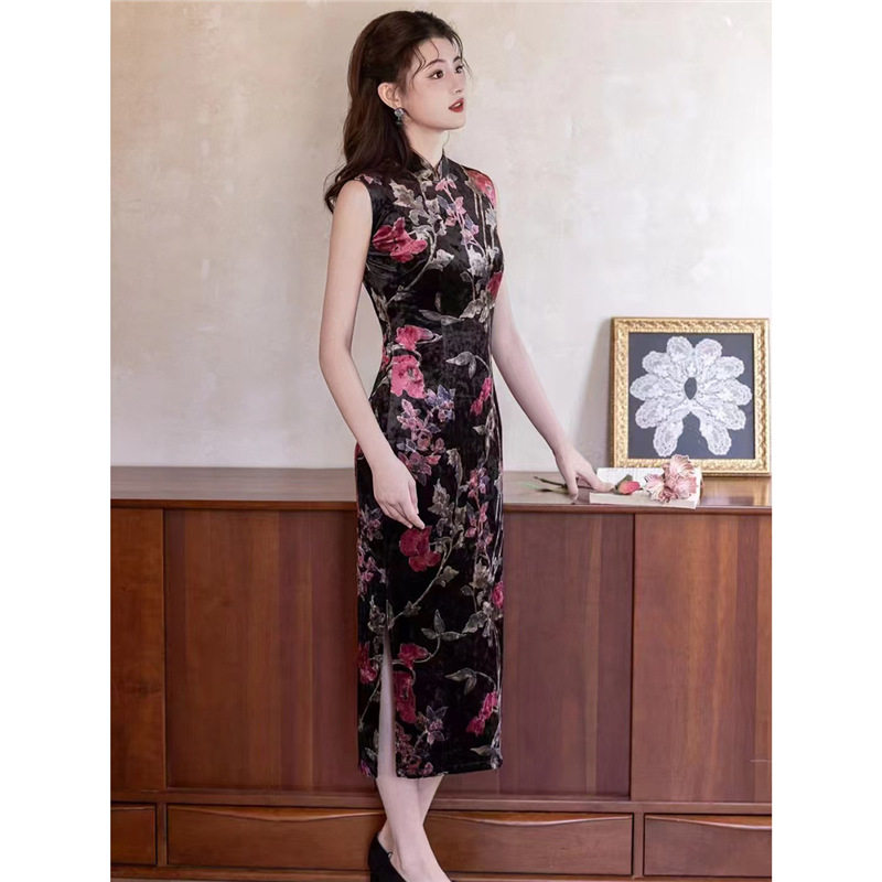 江南司造丨旗袍新中式老钱风无袖花卉女黑色立领日常气质显瘦连衣