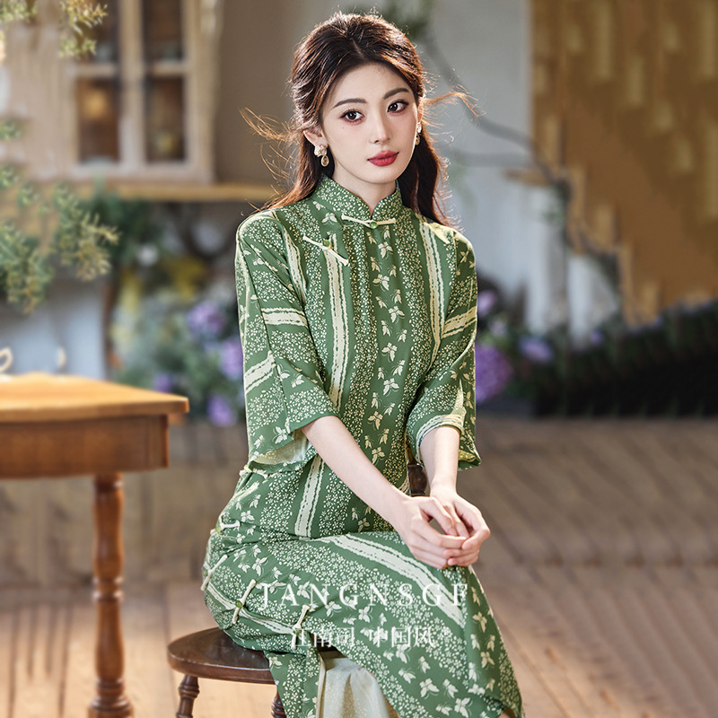 江南司造旗袍新中式绿色长款