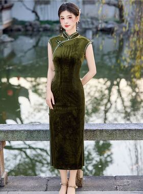 江南司造丨旗袍深绿色复古风新中式女春夏无袖丝绒长款高级感日常