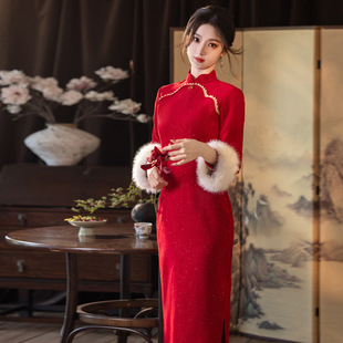 江南司造丨旗袍红色改良敬酒服新娘秋冬季长袖加绒新中式订婚礼服