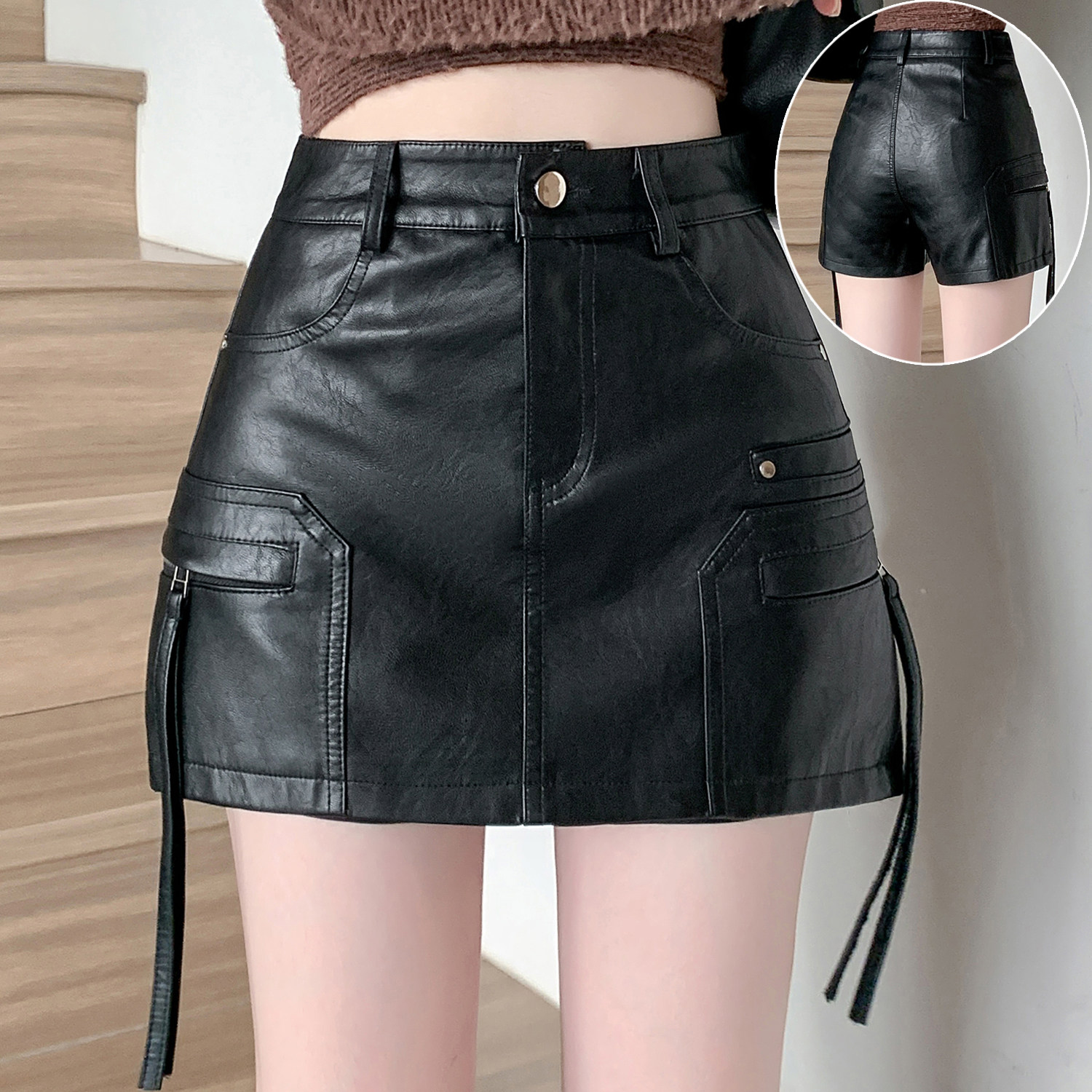 黑色高腰PU皮短裤女2025年秋冬工装风新款修臀阔腿身包裙裤配靴子,女装/女士精品,裙裤,淘宝优惠券,粉丝福利购,淘宝优惠卷