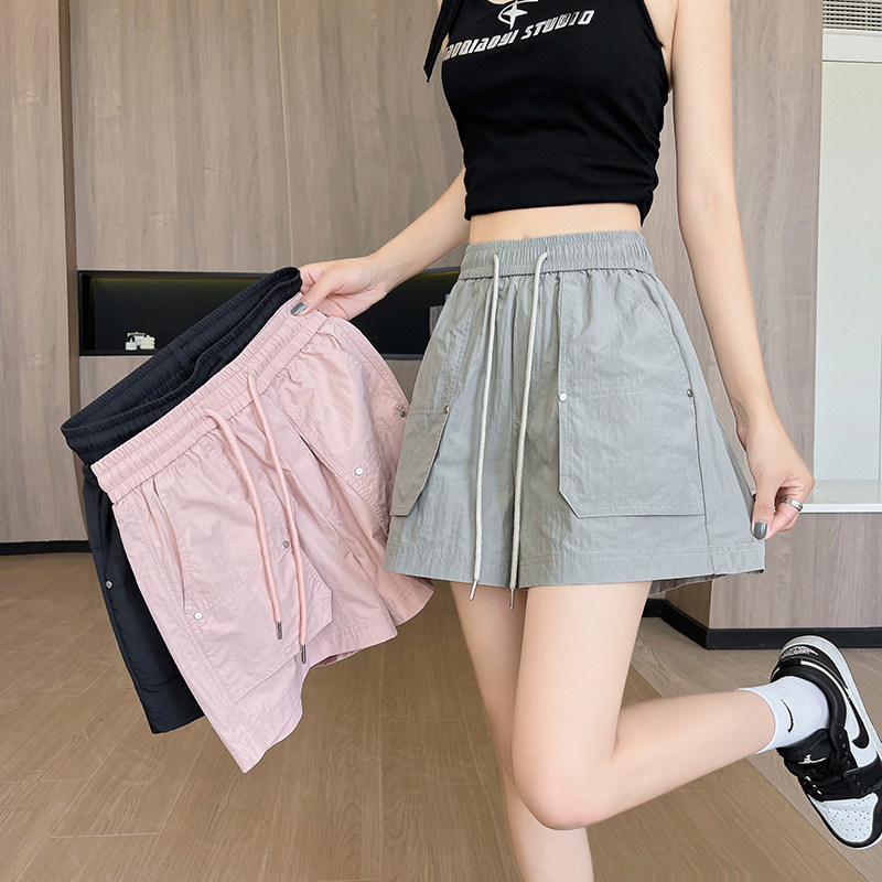 今年流行爆款粉色高腰工装短裤女夏小个子冰丝速干阔腿裤运动休闲