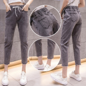 哈伦八分松紧腰学生小个子显瘦弹力休闲裤 薄款 女夏季 烟灰色牛仔裤