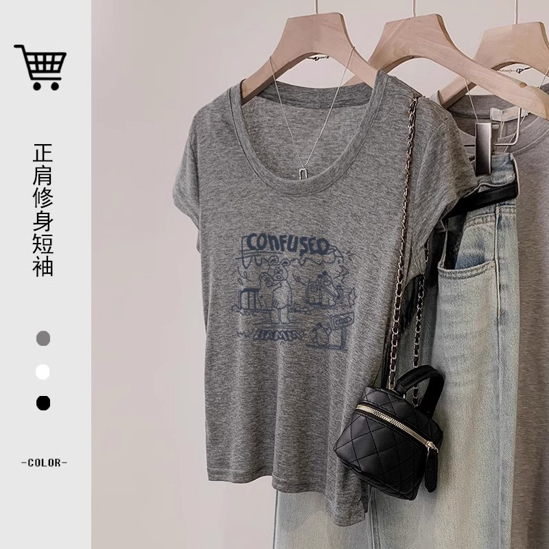 【品牌正品女装新品超级秒杀 不接受退换】灰色U领正肩短袖T恤女