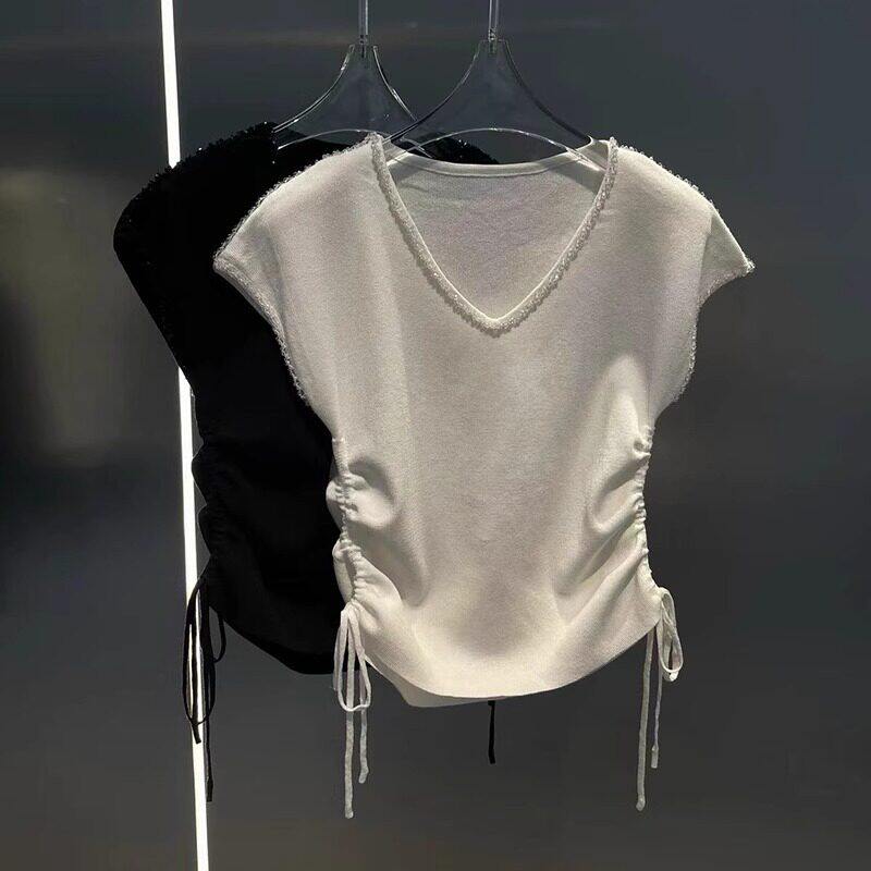 品牌折扣正品女装断码清仓特价不能退换抽绳V领冰丝针织短