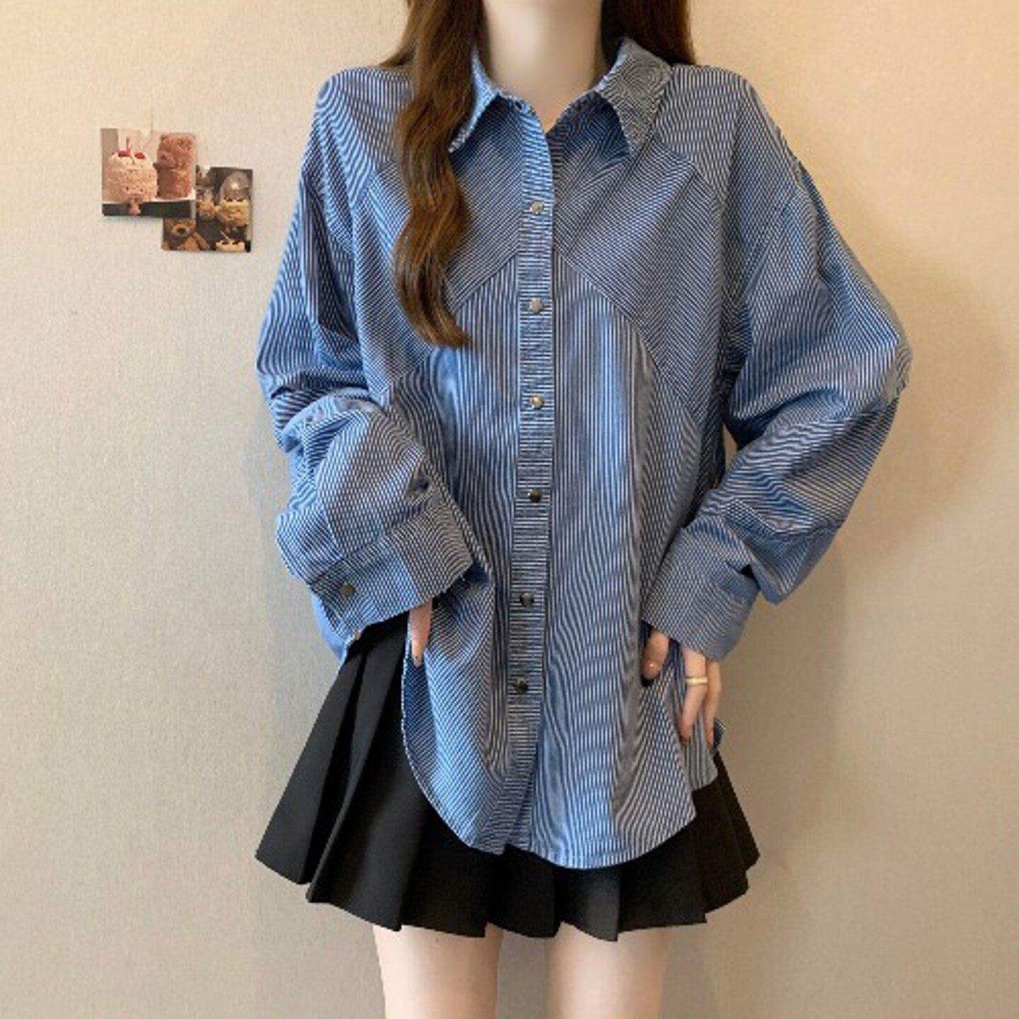 品牌折扣正品女装断码清仓特价不能退换复古蓝色条纹长袖衬衫女秋