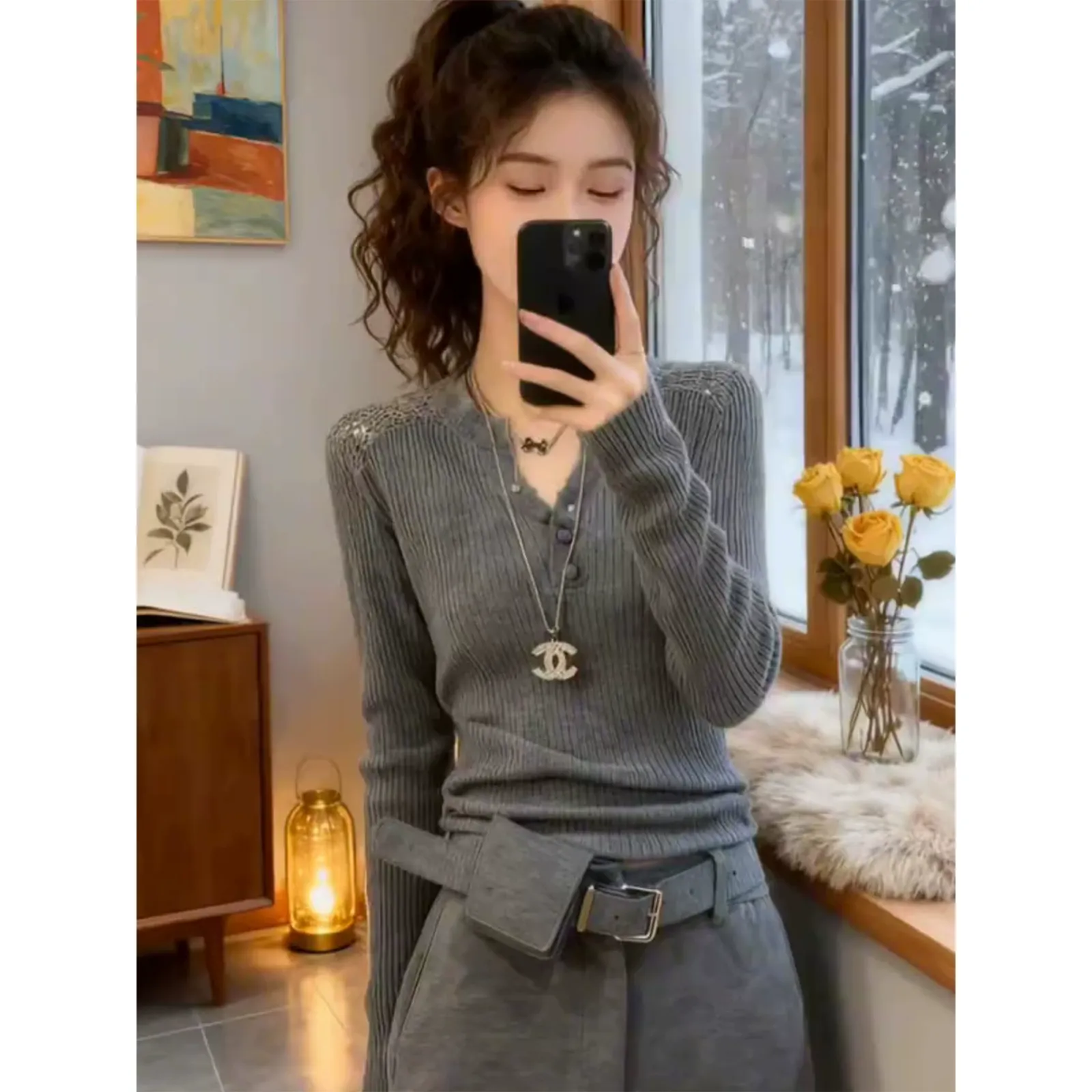 品牌折扣正品女装断码清仓特价不能退换欧货灰色镂空V领针织打