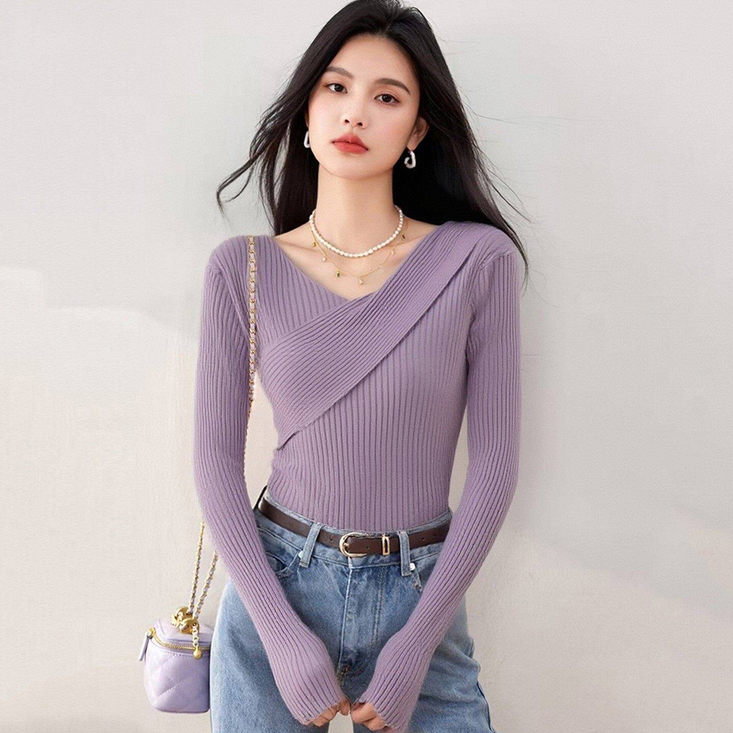 品牌正品女装衣服断码特价清仓 不退换-韩系紫色交叉V领针织衫女